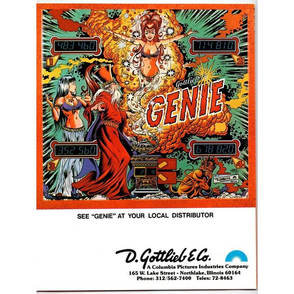 Genie Pinball FLYER Original 1979 Arabian Magic Sexy Lady Vintage Retro Fantasy - Picture 2 of 3